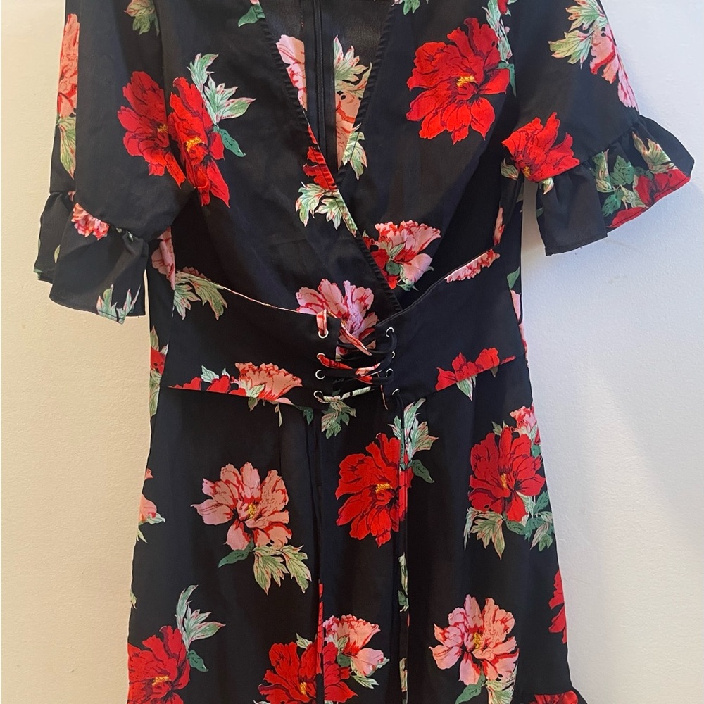 PrettyLittleThing Black Dress with Red and Green Floral Design